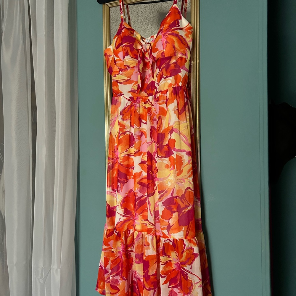 AUW Red and Orange Pleated Maxi Sundress
